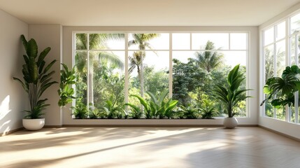 Fototapeta premium Serene Tropical Room with Lush Greenery