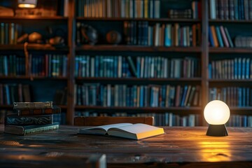 Cozy Study Space with Open Book and Warm Lighting in Library