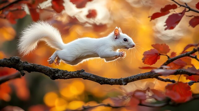 A playful albino squirrel running across a tree branch, with bright autumn leaves in the background.
