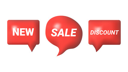 3D speech bubbles different shapes message icon. Text new sale discount. For social media advertising posters. Vector isolated set.