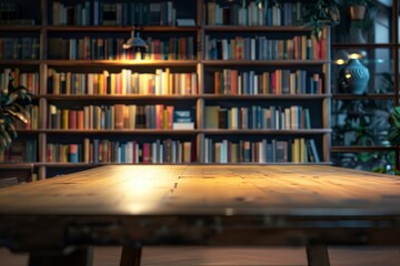 Warm Wooden Table in Front of a Colorful Bookshelf in Cozy Room