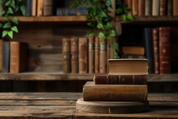Vintage Books Stacked on Wooden Table with Rustic Bookshelf Background