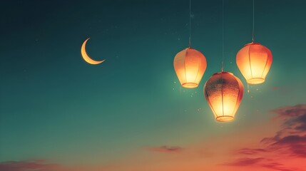 Obraz premium Serene Night Sky: Three Glowing Lanterns and Crescent Moon