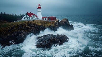 Coastal lighthouse stormy seascape; waves crashing rocks; dramatic weather; navigational aid