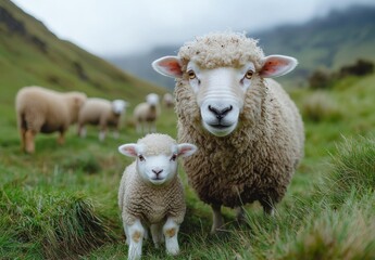 Fototapeta premium Adorable Sheep Family Portrait in Lush Green Pasture with Soft Light Capturing the Bond between Mother Sheep and Cute Lamb Against Beautiful Scenic Background