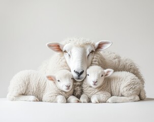 Fototapeta premium Adorable Sheep Family with Two Playful Lambs Displaying Soft Wool in a Serene Studio Setting, Emphasizing Comfort, Innocence, and Natural Beauty