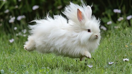 A fluffy albino rabbit hopping through a grassy meadow with wildflowers.