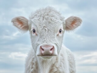 Obraz premium Adorable young calf with fluffy white fur gazes curiously at the camera against a soft cloudy sky in a serene rural landscape; perfect for farm and animal-themed projects.