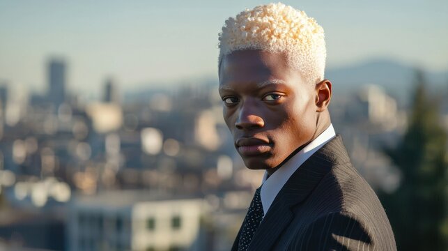 A black albino man confidently posing in a suit, with a soft, blurred urban backdrop.