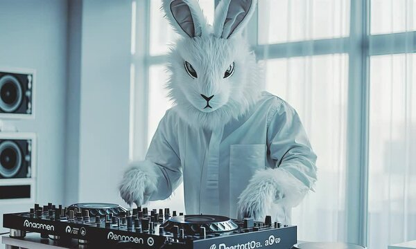 Fashion white bunny dj in action.