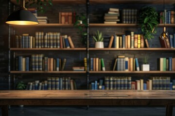 Cozy Library Interior with Wooden Table and Book Shelf Background