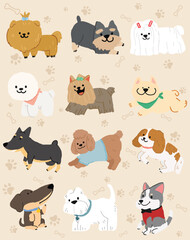Cute dogs and puppies. Cartoon different breeds pet. Funny doggy characters isolated on background. Happy friendly canine animals.  corgi, poodle, husky and poodle. Labrador Retriever, Dachshund, York