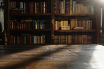 Cozy Reading Space with Wooden Table and Bookshelves in Background