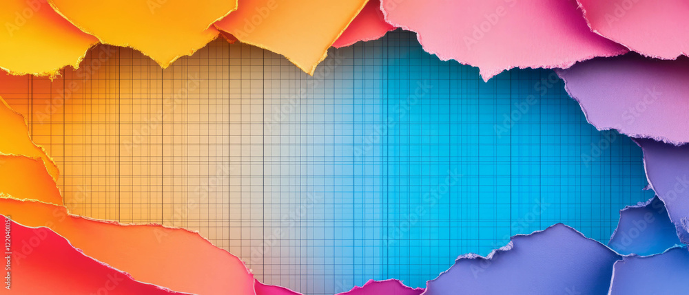 Poster vibrant abstract background featuring colored lined paper and dynamic banner design
