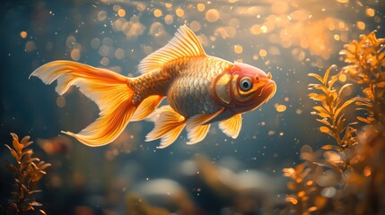 Golden fish swimming aquarium, bokeh background, pet
