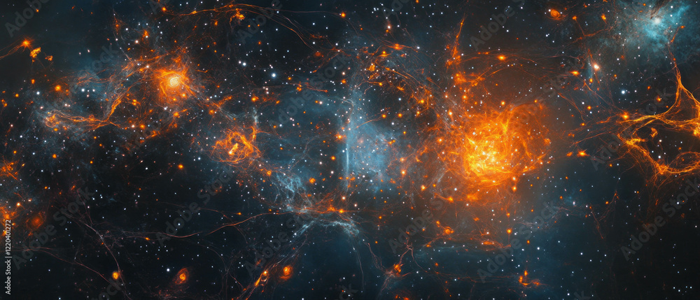 Poster exploring cosmic microwave background radiation and cosmology concepts in abstract design