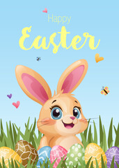 Easter bunny with Easter eggs in the grass holiday poster and postcard