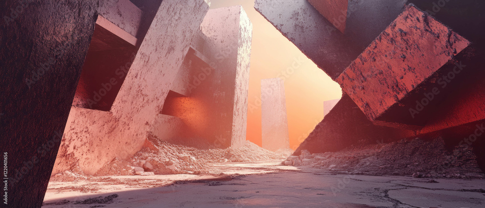Aufkleber fragmented structures create surreal landscapes of urban decay and deconstructed architecture