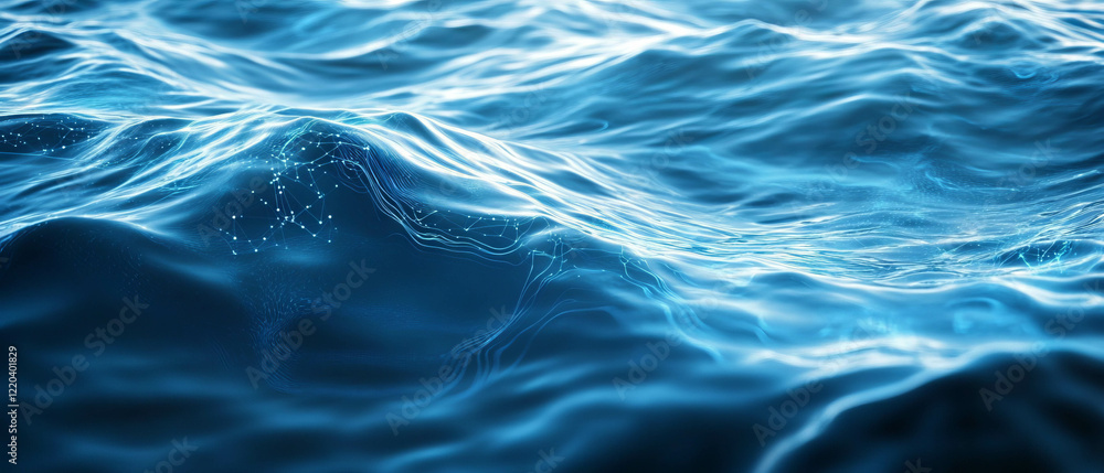Poster digital water rippling with data points and flowing information in a virtual ocean setting