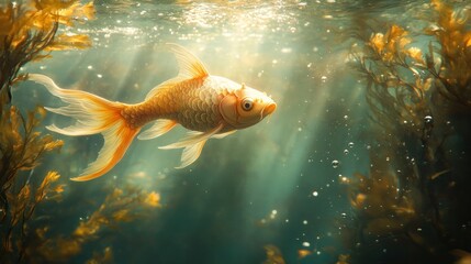 Golden Koi swims in sunlit kelp forest aquarium