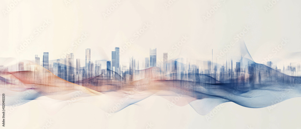 Poster futuristic cityscape visualization with digital waves and empty central space for technology