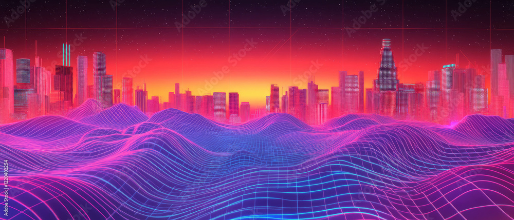 Poster digital waves create a futuristic cityscape with vibrant colors and empty central space