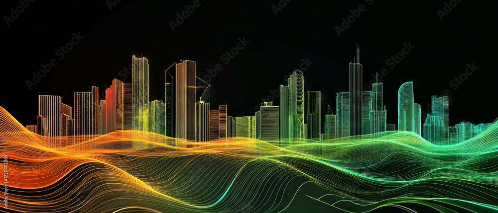 Poster dynamic digital waves blend with futuristic cityscape in abstract design