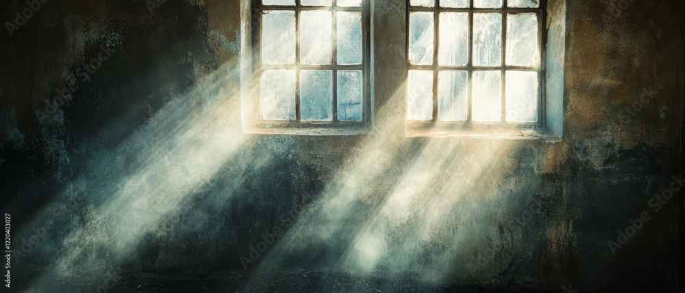 Poster dusty light rays filtering through old windows create an atmospheric mood in a dim room