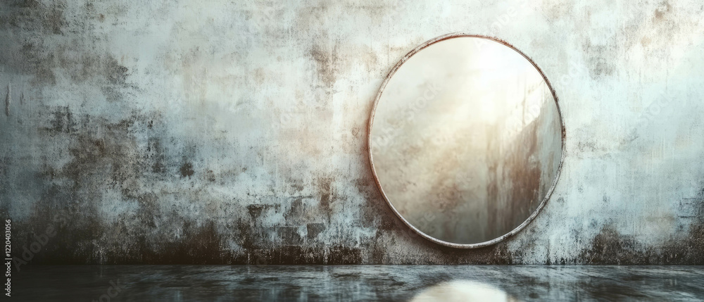 Poster reflective surface creates distorted perception in surreal atmosphere