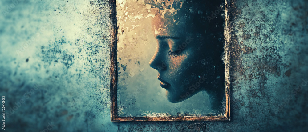Poster dusty mirror reflecting a distorted image in a surreal and abstract atmosphere