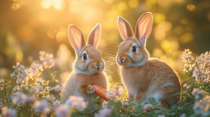 Fototapeta premium Two bunnies sharing carrot, sunset garden, spring