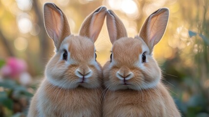 Obraz premium Two bunnies cuddling, garden bokeh, springtime