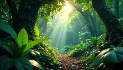 Dense foliage obstructs sunlight in a shaded clearing, tropical, jungle