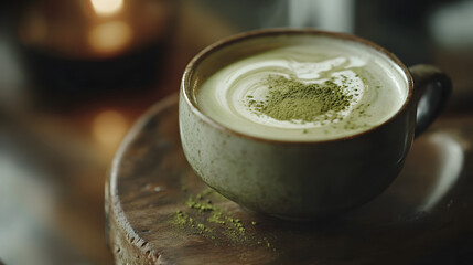 A Matcha Latte served in a modern mug with a smooth layer of frothy milk and an elegant swirl of matcha powder for an aromatic experience.