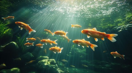 Sunlit Koi Pond, Fish Swimming, Underwater Scene, Aquatic Life, Peaceful Background