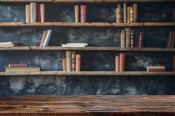 Wooden Table in Front of Bookshelves with Various Colored Books