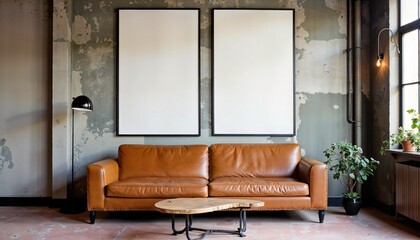 Modern living room interior with blank frames for artwork over brown leather sofa