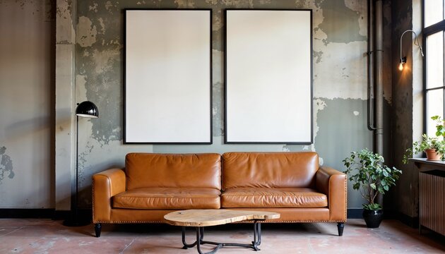 Modern living room interior with blank frames for artwork over brown leather sofa