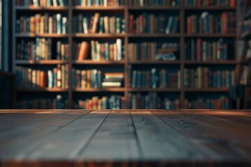 Cozy Wooden Table with Blurred Background of Bookshelves