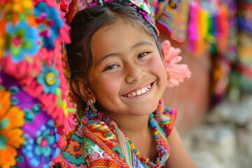 Fototapeta premium Portrait of a smiling young girl wearing traditional colorful clothes and posing in a vibrant market stall