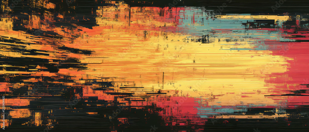 Poster glitching digital waves create an abstract landscape with vivid colors and stable center