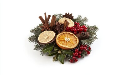 Nature-Inspired Christmas Wreath with Dried Oranges, Star Anise, Pine Branches, and Red Berries on White Background for Festive Holiday Decor, Generative AI