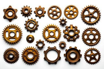 Collection of Golden Gears in Varied Sizes and Designs on White Background, Perfect for Technical Designs
