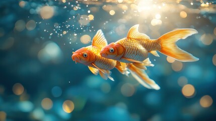 Two goldfish swim in aquarium, sunlit bokeh background, peaceful scene