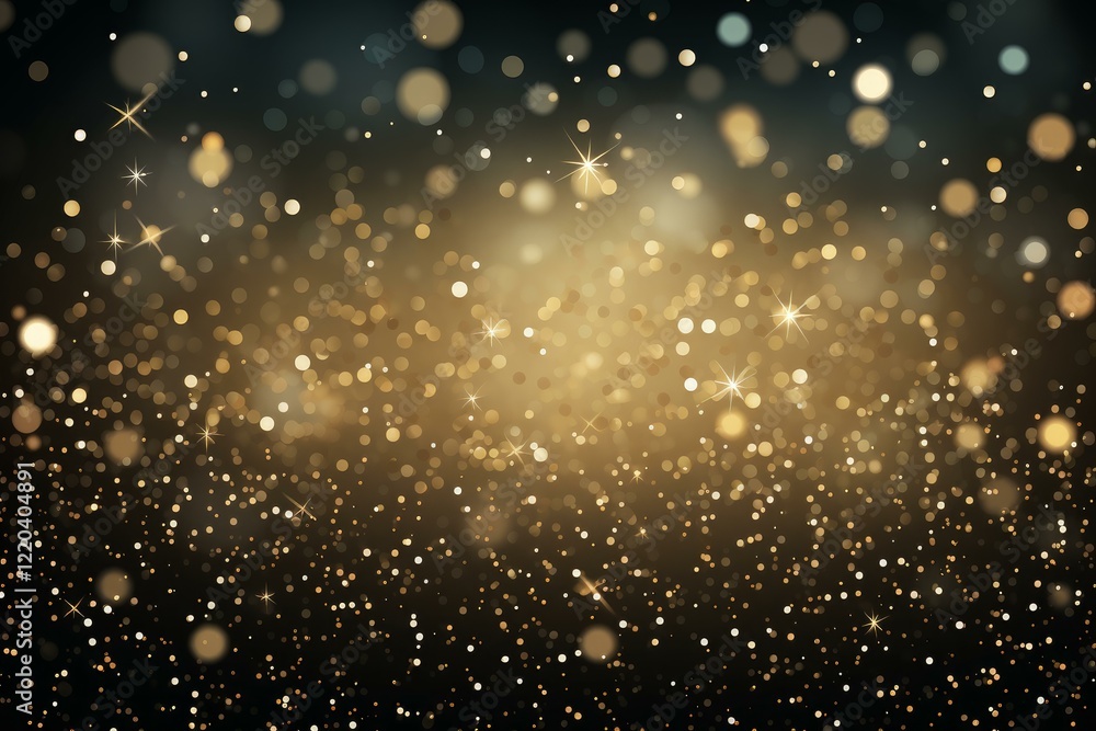 Poster abstract background with many golden particles and stars floating on a dark background