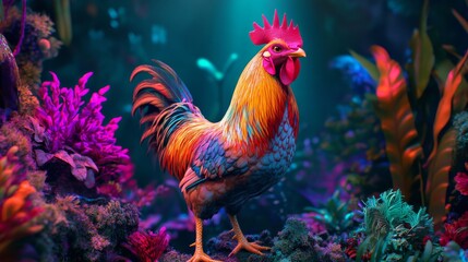 Fototapeta premium A rooster standing among colorful flowers Suitable for farm or nature themes