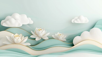 Serene Water Lilies and Soft Clouds in Pastel Tones