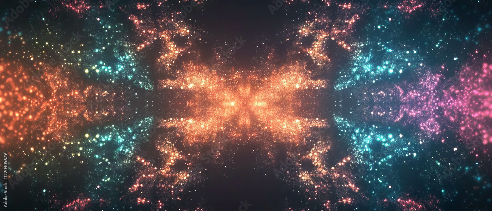 Poster dynamic holographic fireworks creating a festive atmosphere with an empty center for celebration