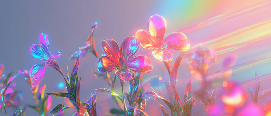 Holographic light leaks illuminating colorful flowers in a nostalgic floral banner design