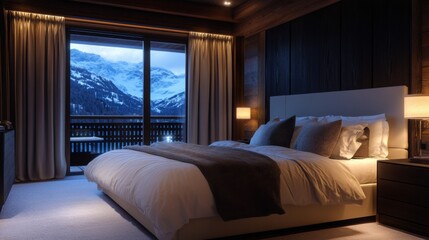 Cozy modern bedroom with mountain view and warm decorative elements
